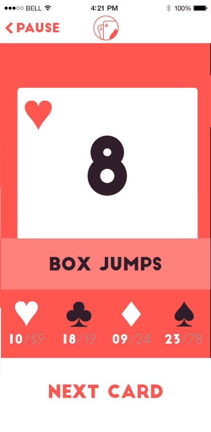In app design from an app called Card Deck Workout