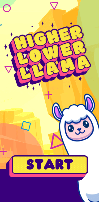Landing screen design for an app called Higher Lower Llama