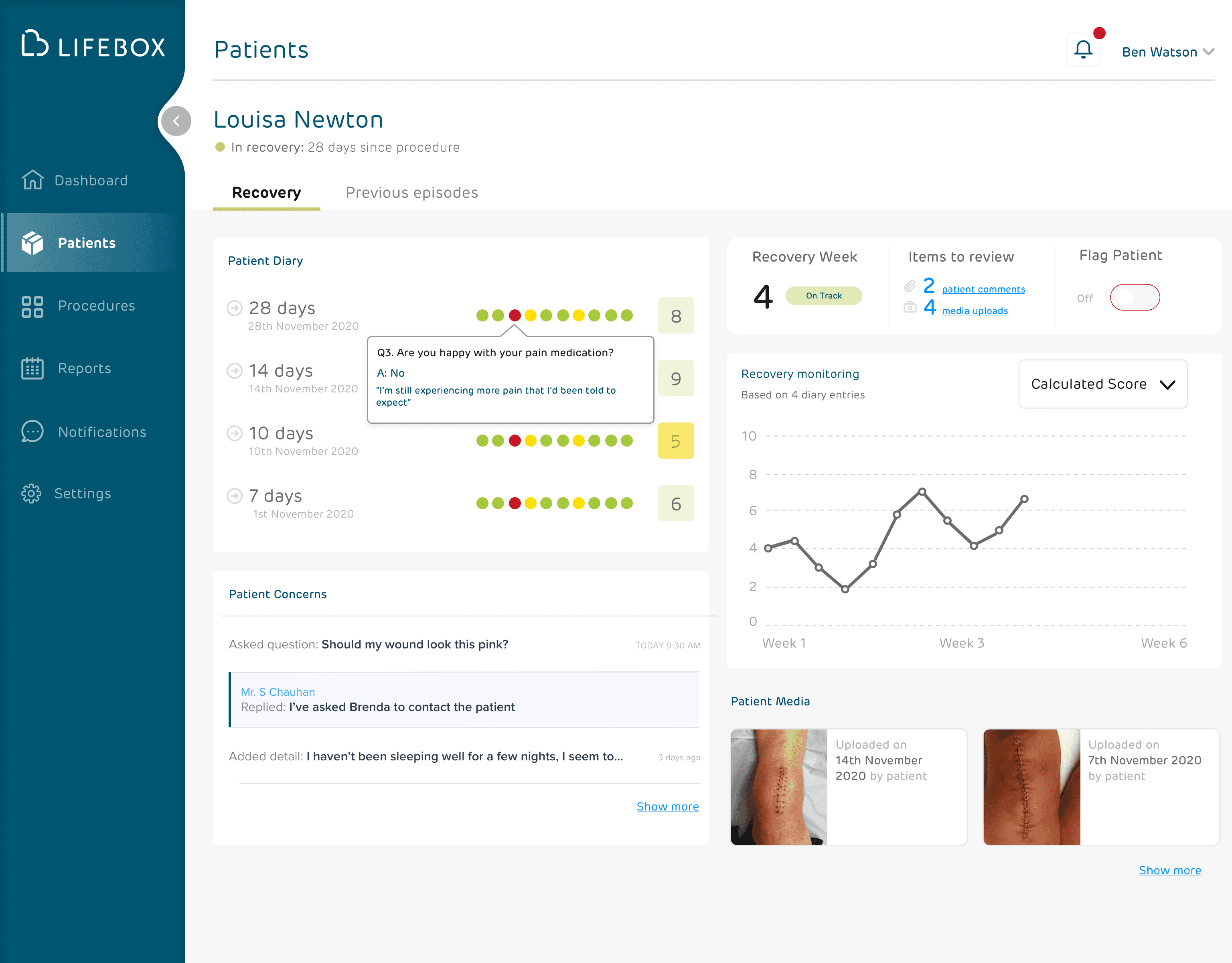 In app design for a clinician's view of a medical application called Lifebox